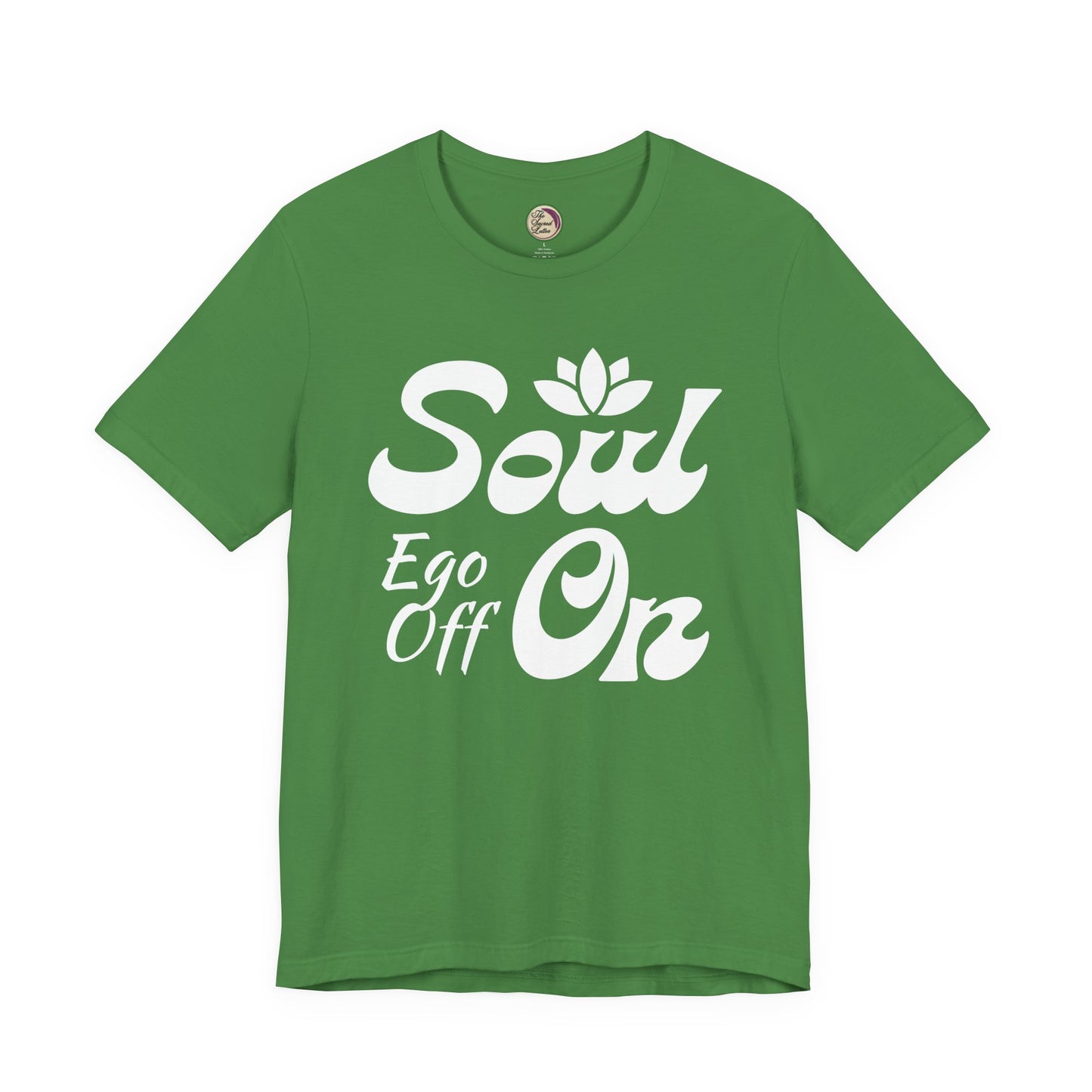 Green t-shirt with white text 'Soul Ego Off On' on a white background