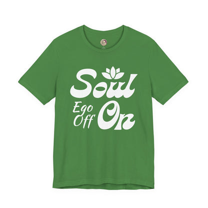 Green t-shirt with white text 'Soul Ego Off On' on a white background