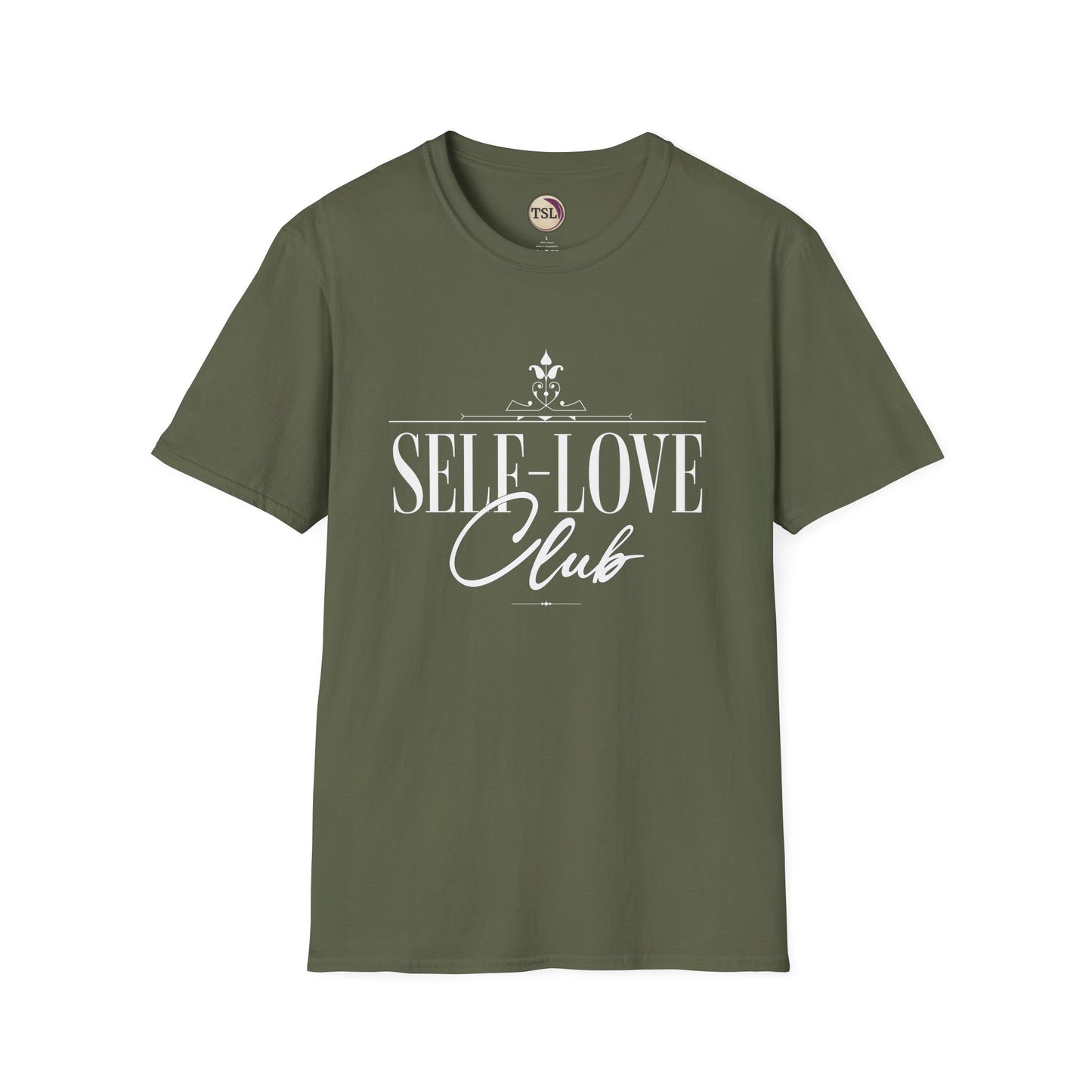 Military Green t-shirt with 'Self-Love Club' text on a white background