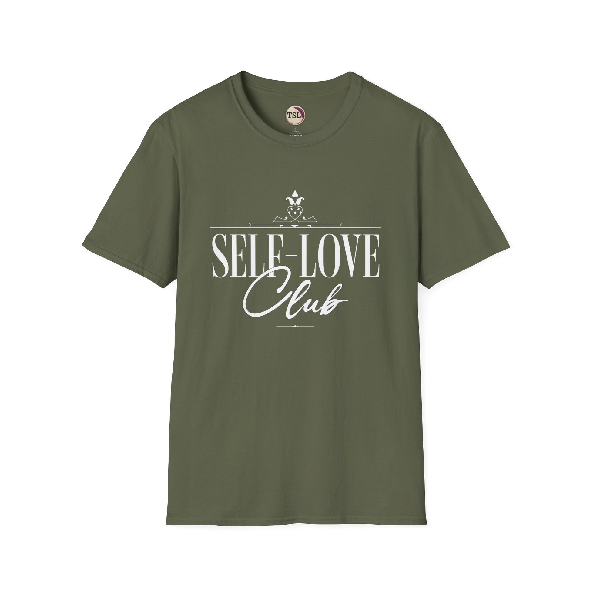 Military Green t-shirt with 'Self-Love Club' text on a white background
