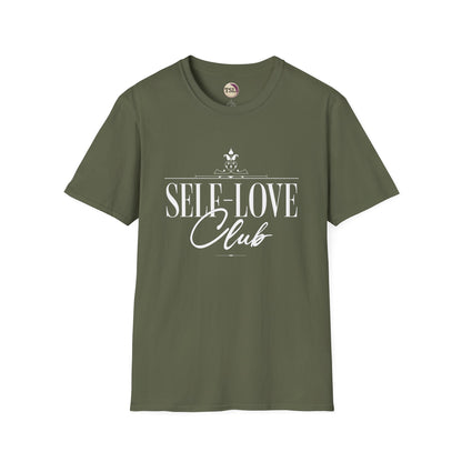 Military Green t-shirt with 'Self-Love Club' text on a white background