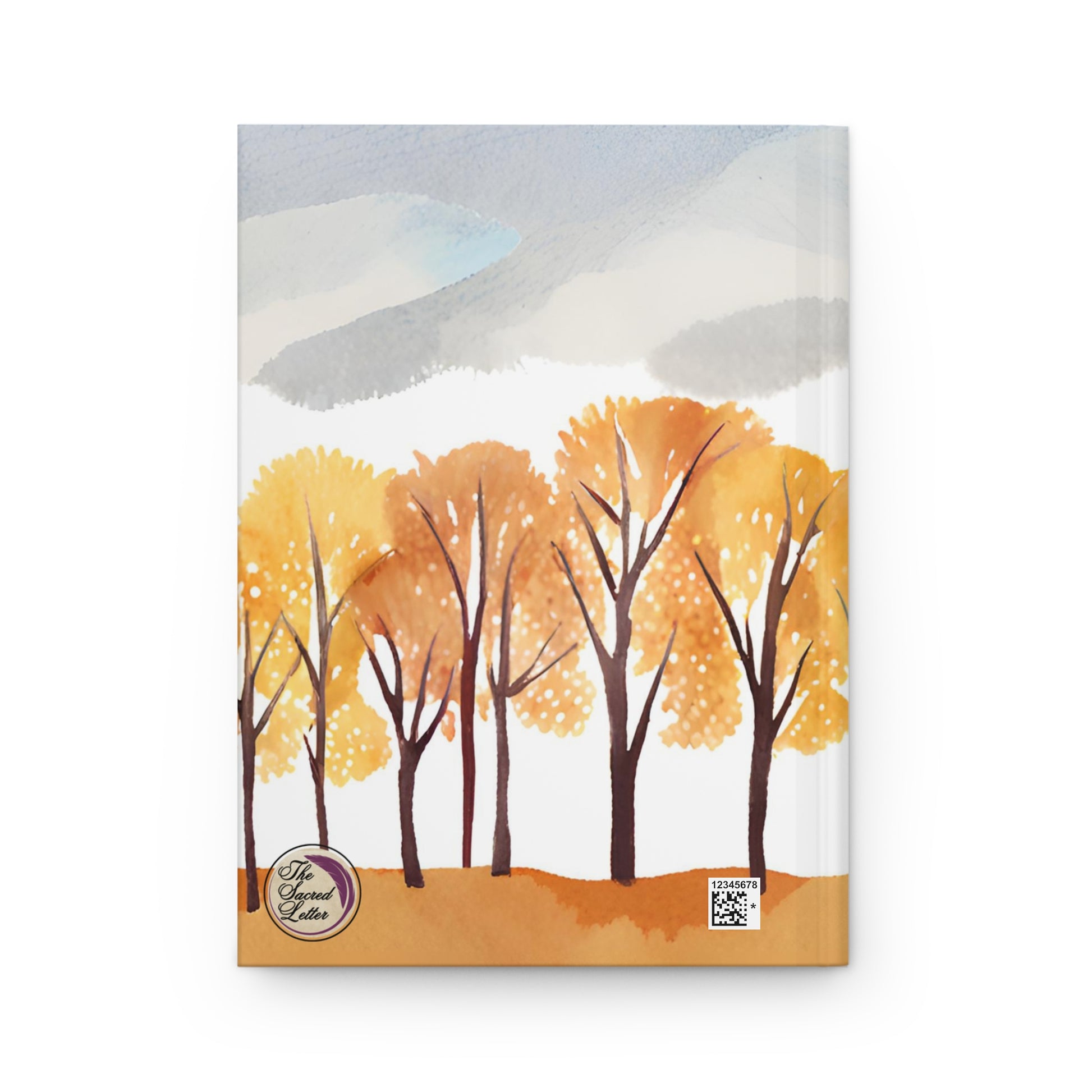 Notebook cover with autumn trees and mountains illustration on a white background