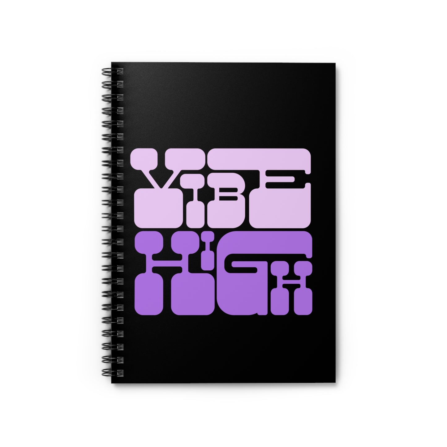 Black notebook with purple and pink text design on a white background