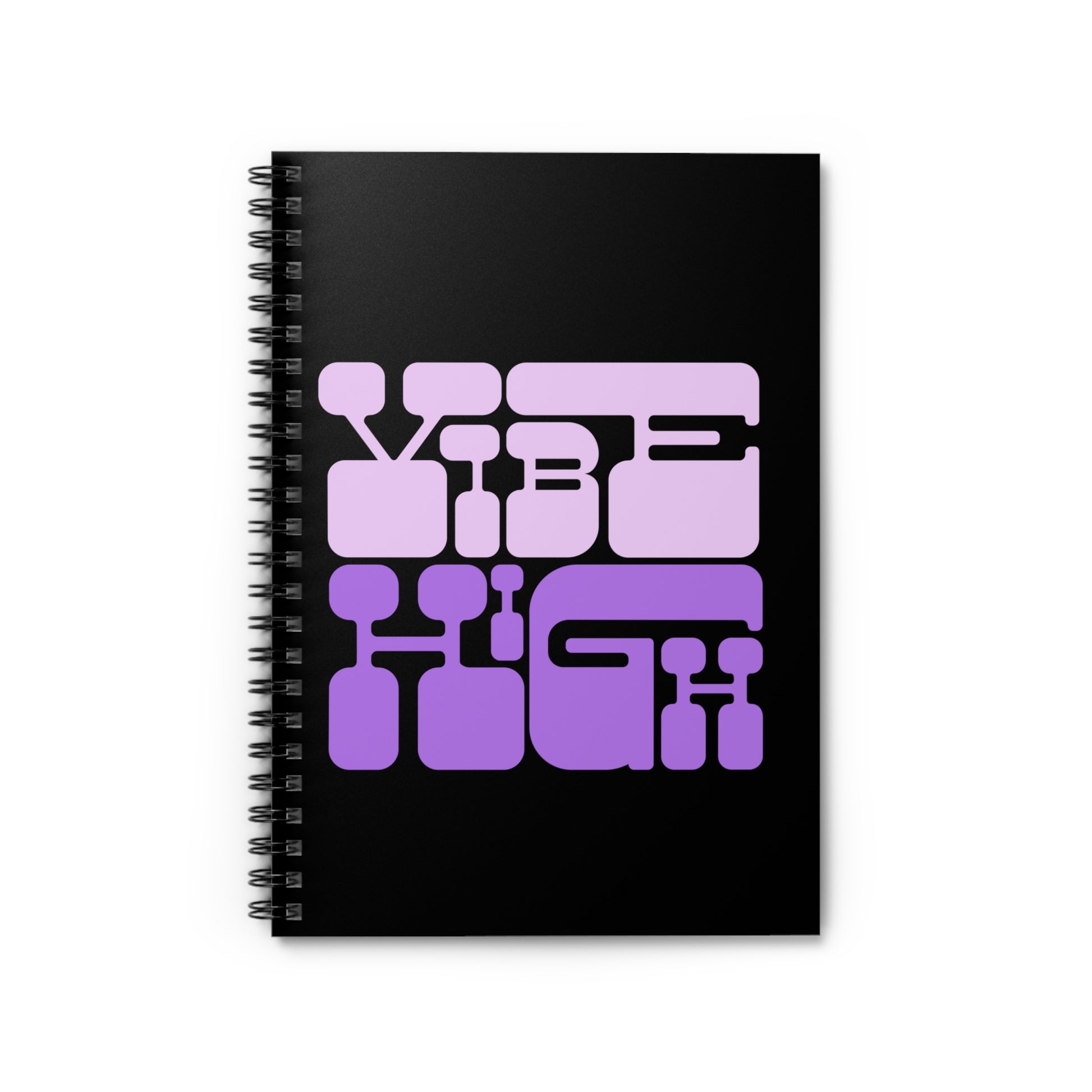 Black notebook with purple and pink text design on a white background
