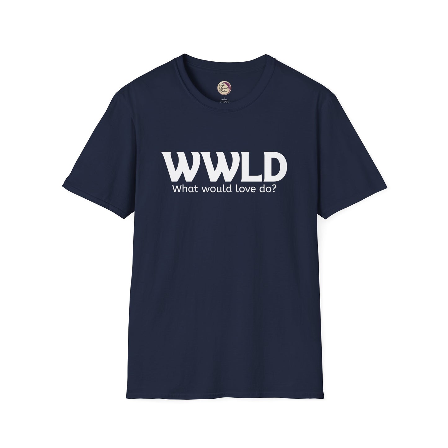 Navy blue t-shirt with 'WWLD What would love do?' text on a white background