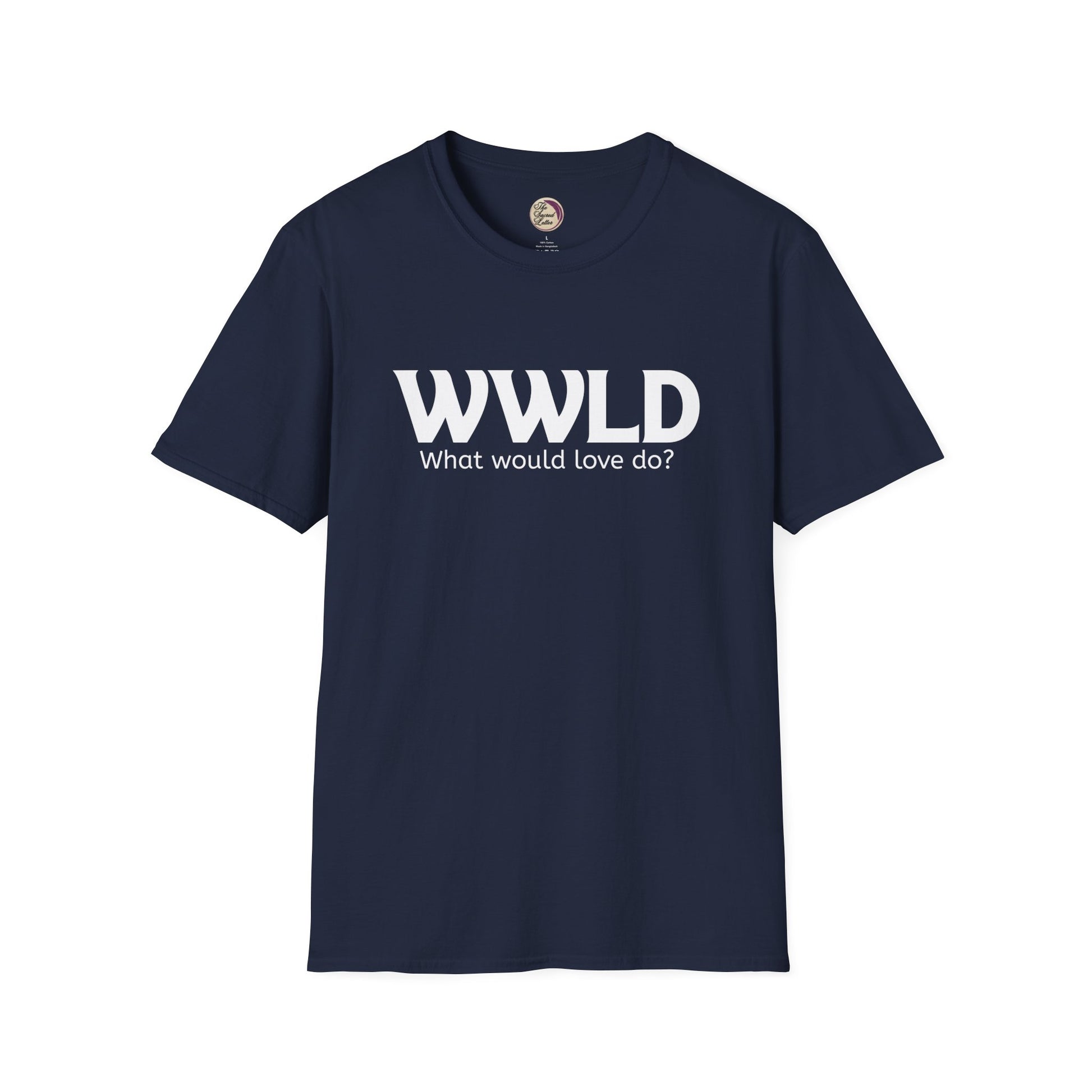 Navy blue t-shirt with 'WWLD What would love do?' text on a white background