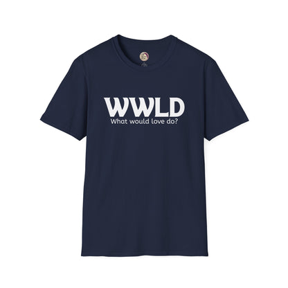 Navy blue t-shirt with 'WWLD What would love do?' text on a white background
