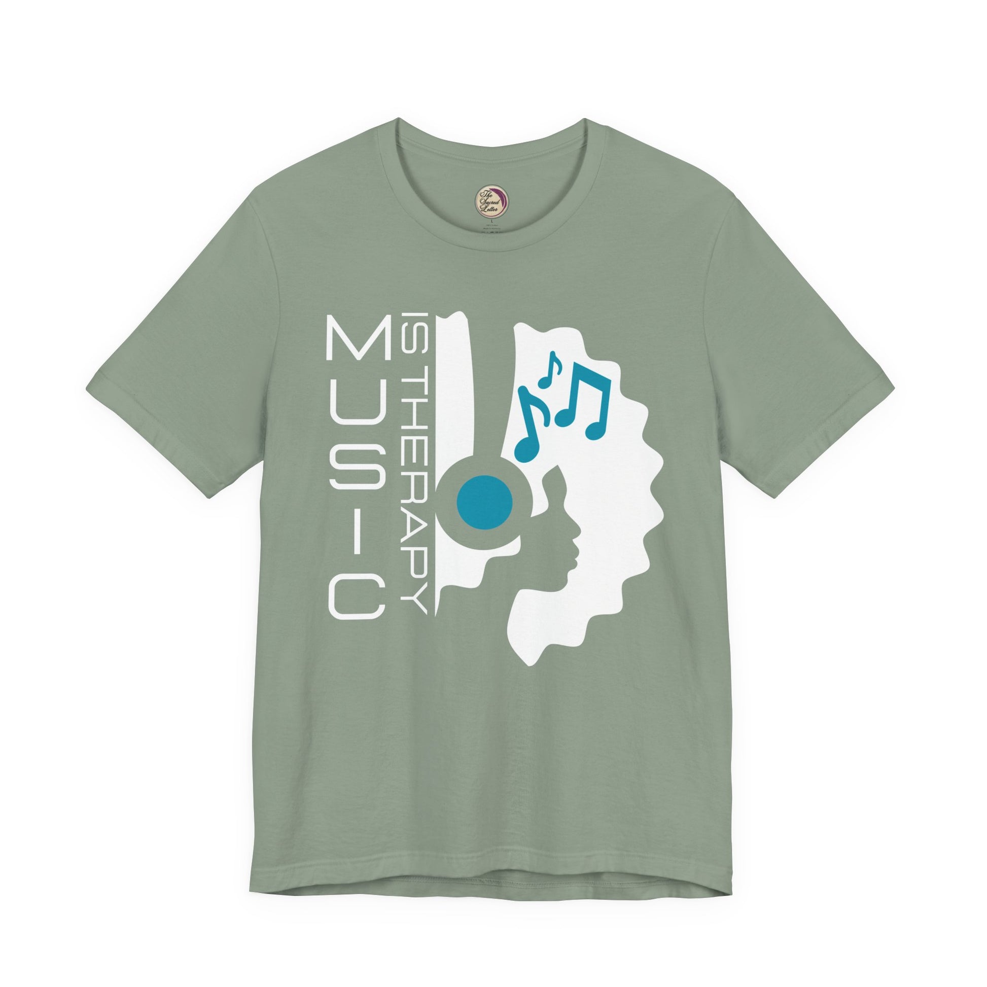 Green t-shirt with music-themed design on a white background