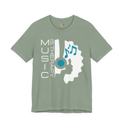 Green t-shirt with music-themed design on a white background