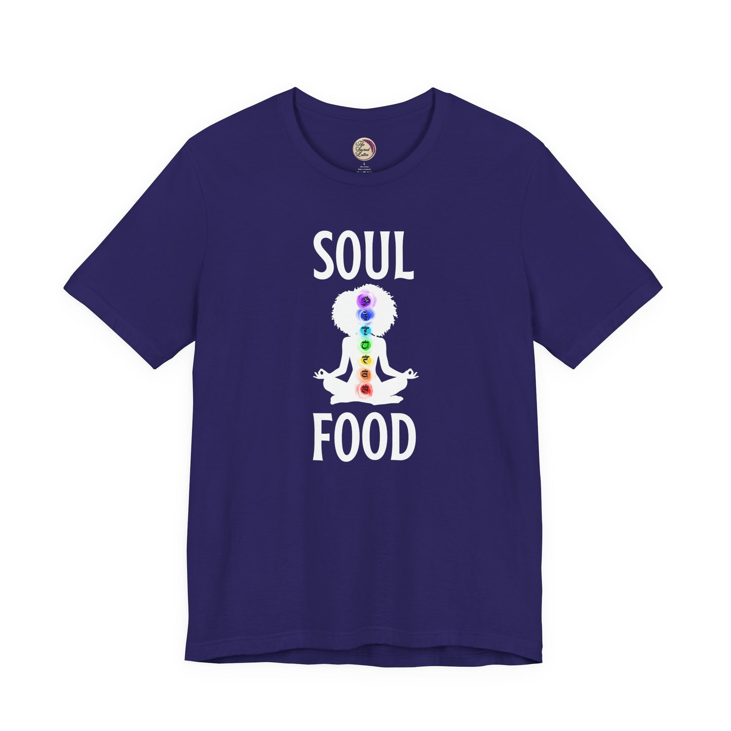 Navy blue t-shirt with 'Soul Food' graphic design on a white background