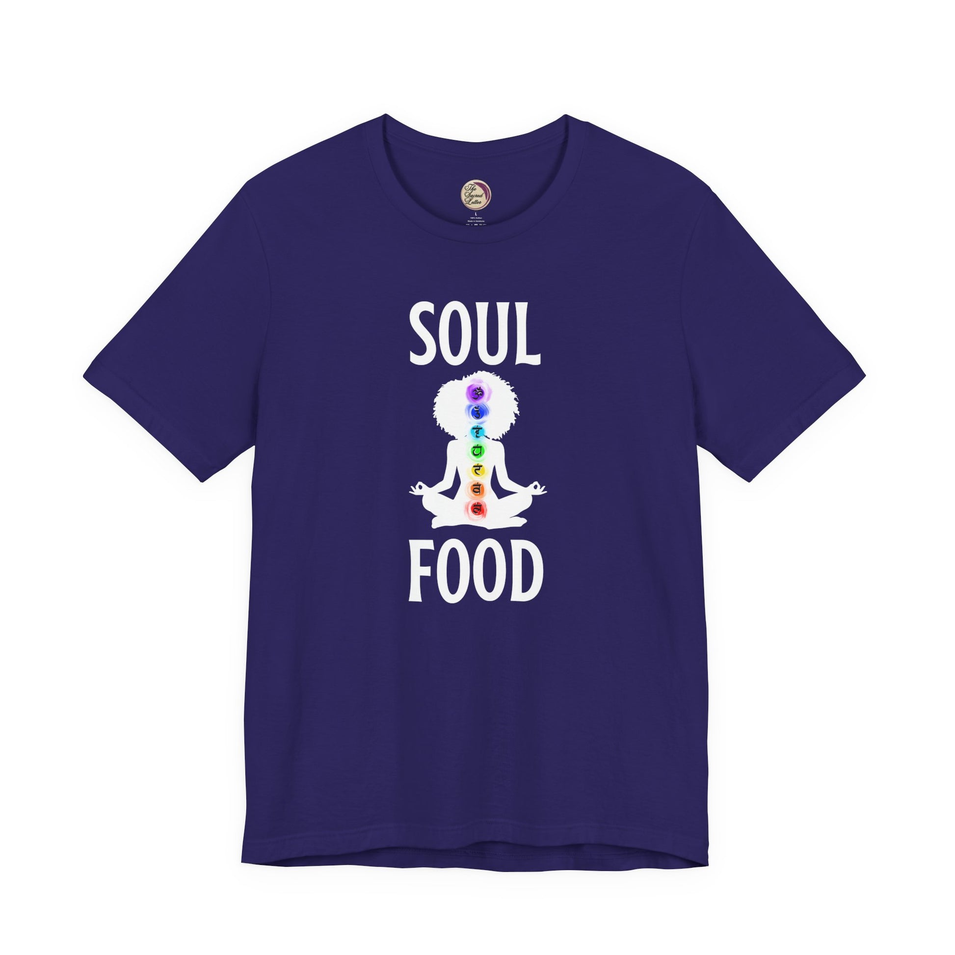 Navy blue t-shirt with 'Soul Food' graphic design on a white background