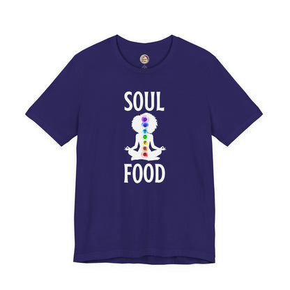 Navy blue t-shirt with 'Soul Food' graphic design on a white background
