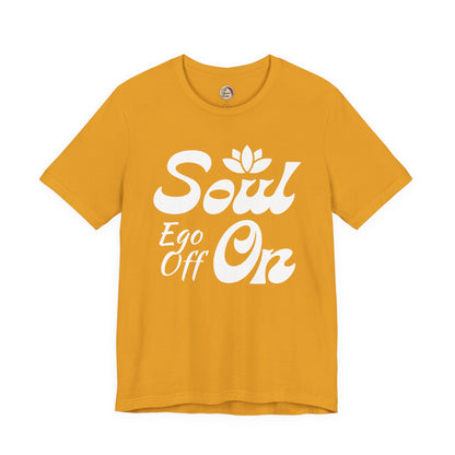 Yellow t-shirt with white text 'Soul Ego Off On' on a white background