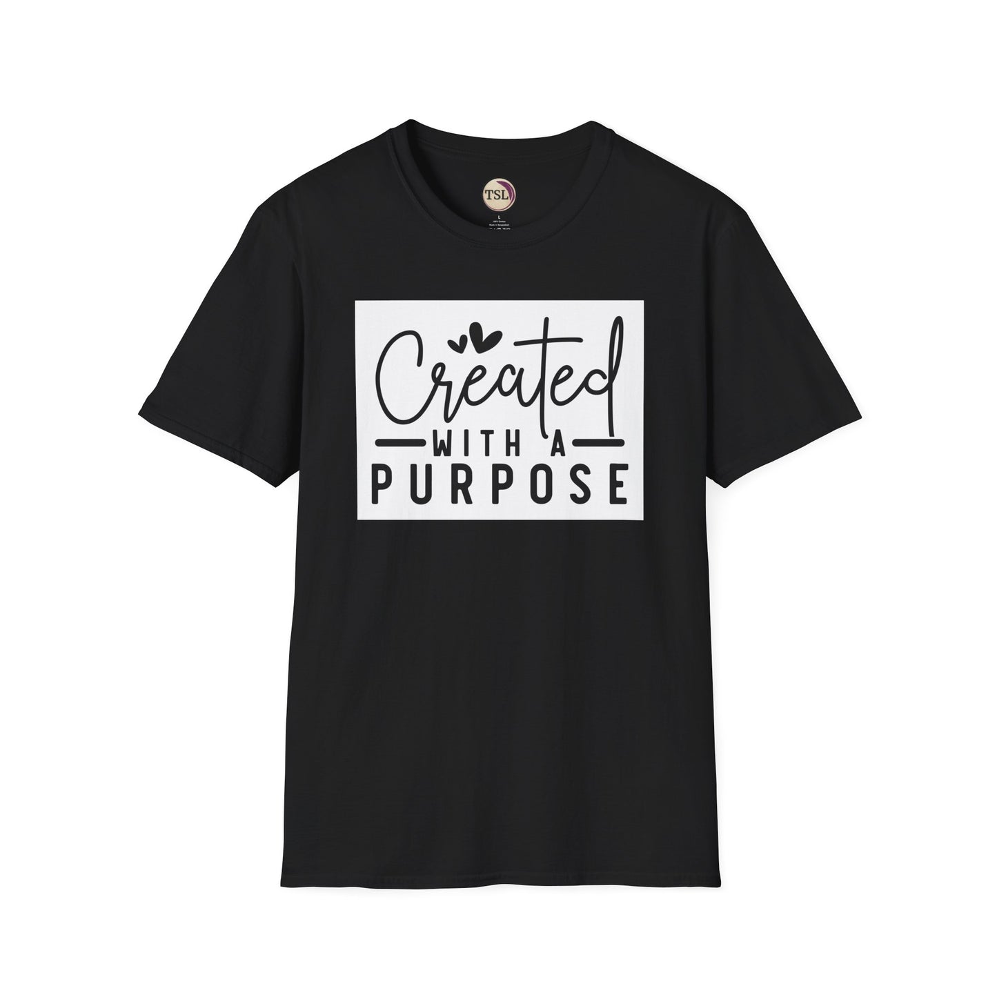 Black t-shirt with 'Created with a Purpose' text on a white background