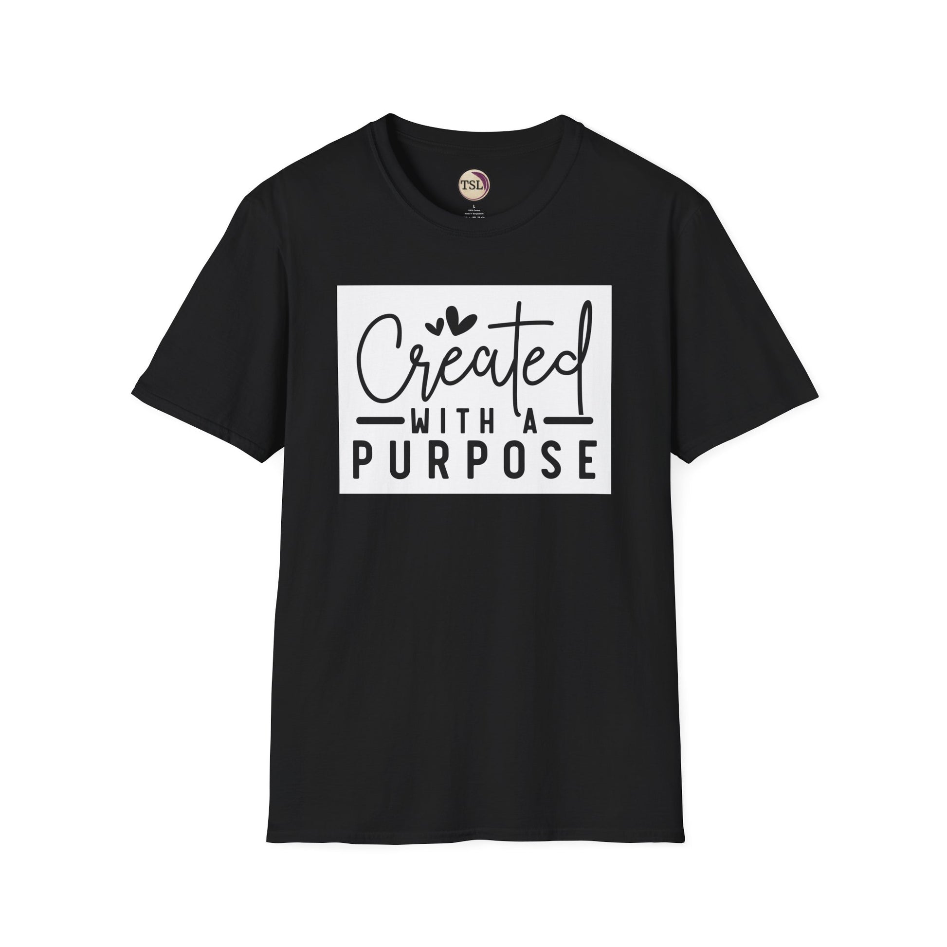 Black t-shirt with 'Created with a Purpose' text on a white background