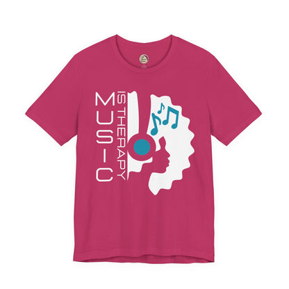 Pink t-shirt with music-themed design and text on a white background