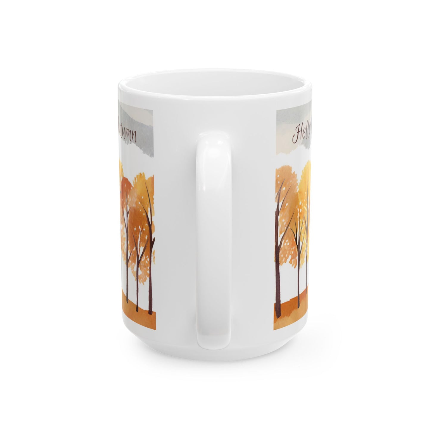 White mug with autumn tree design on a white background