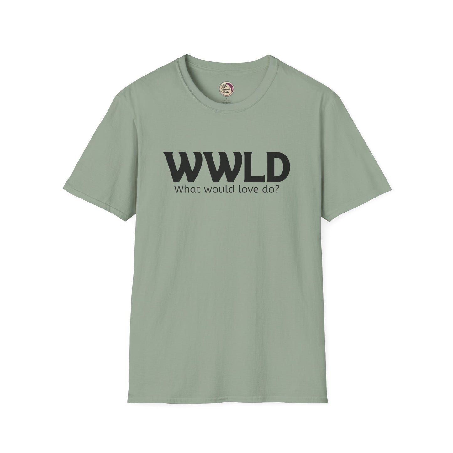 Green t-shirt with 'WWLD What would love do?' text on a white background