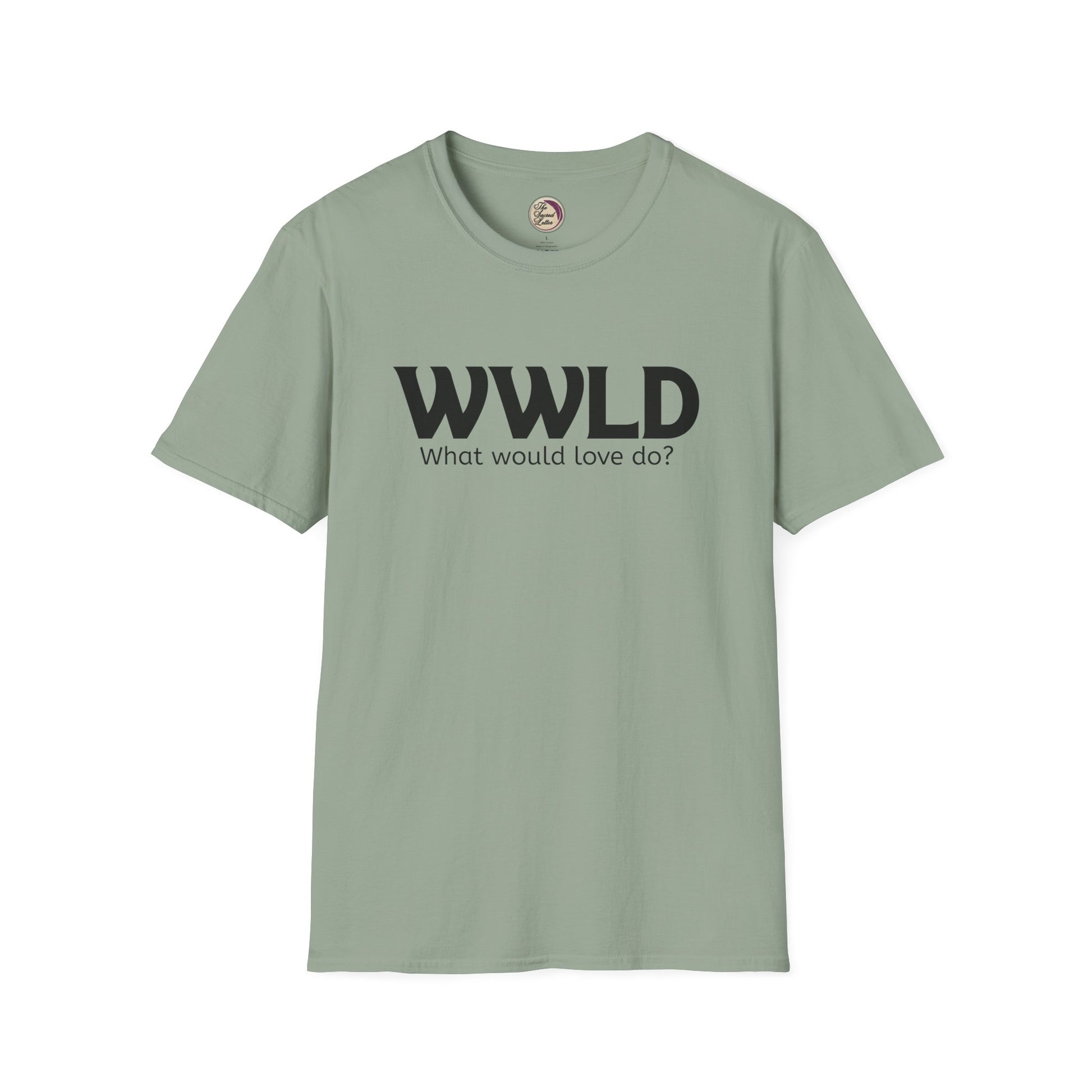 Green t-shirt with 'WWLD What would love do?' text on a white background