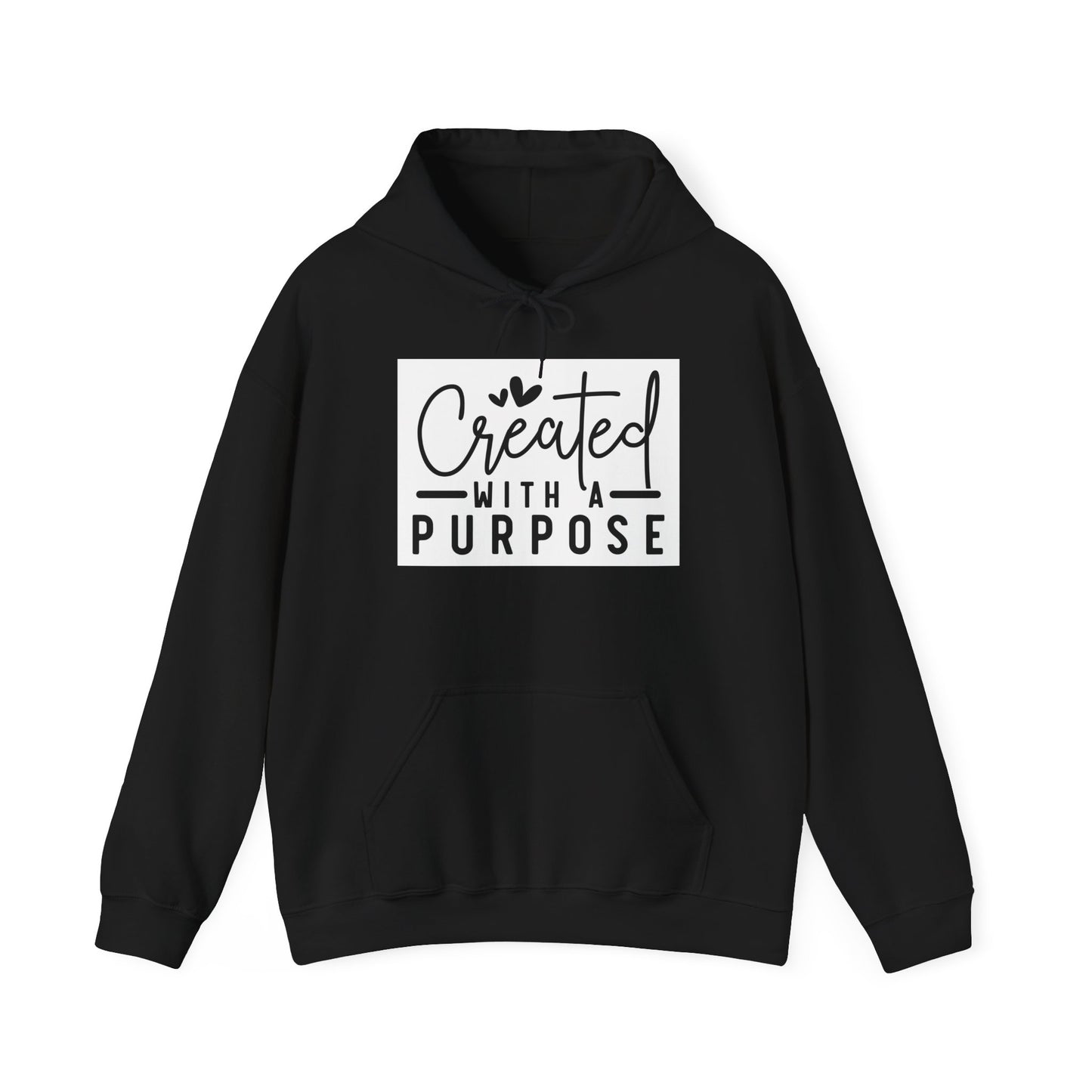 Black hoodie with 'Created with a Purpose' text on a white background