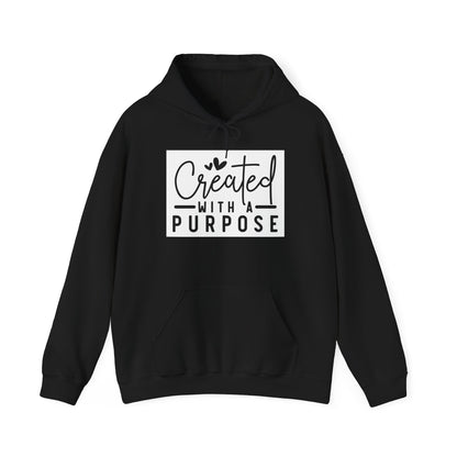 Black hoodie with 'Created with a Purpose' text on a white background