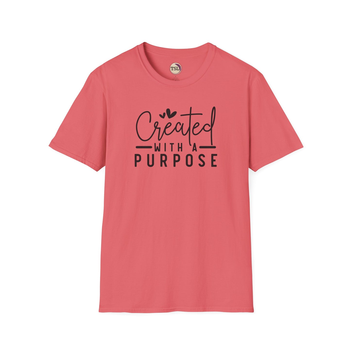 Coral t-shirt with 'Created with a Purpose' text on a white background