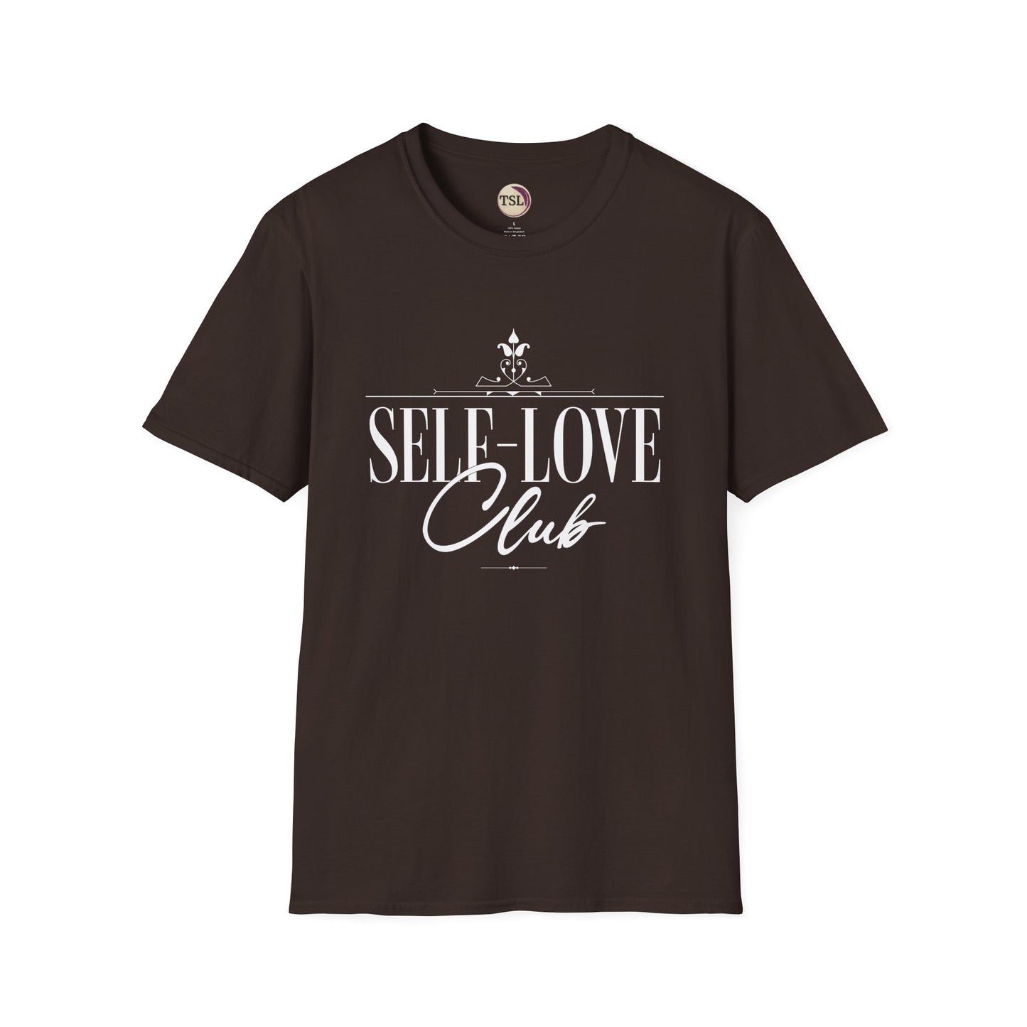 Brown t-shirt with 'SELF-LOVE Club' text on a white background