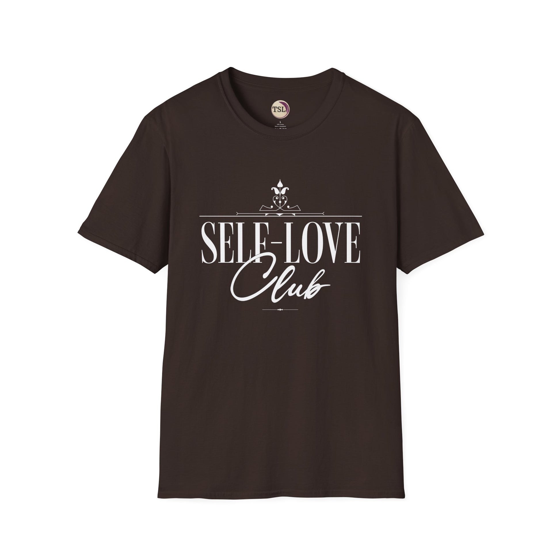 Brown t-shirt with 'SELF-LOVE Club' text on a white background