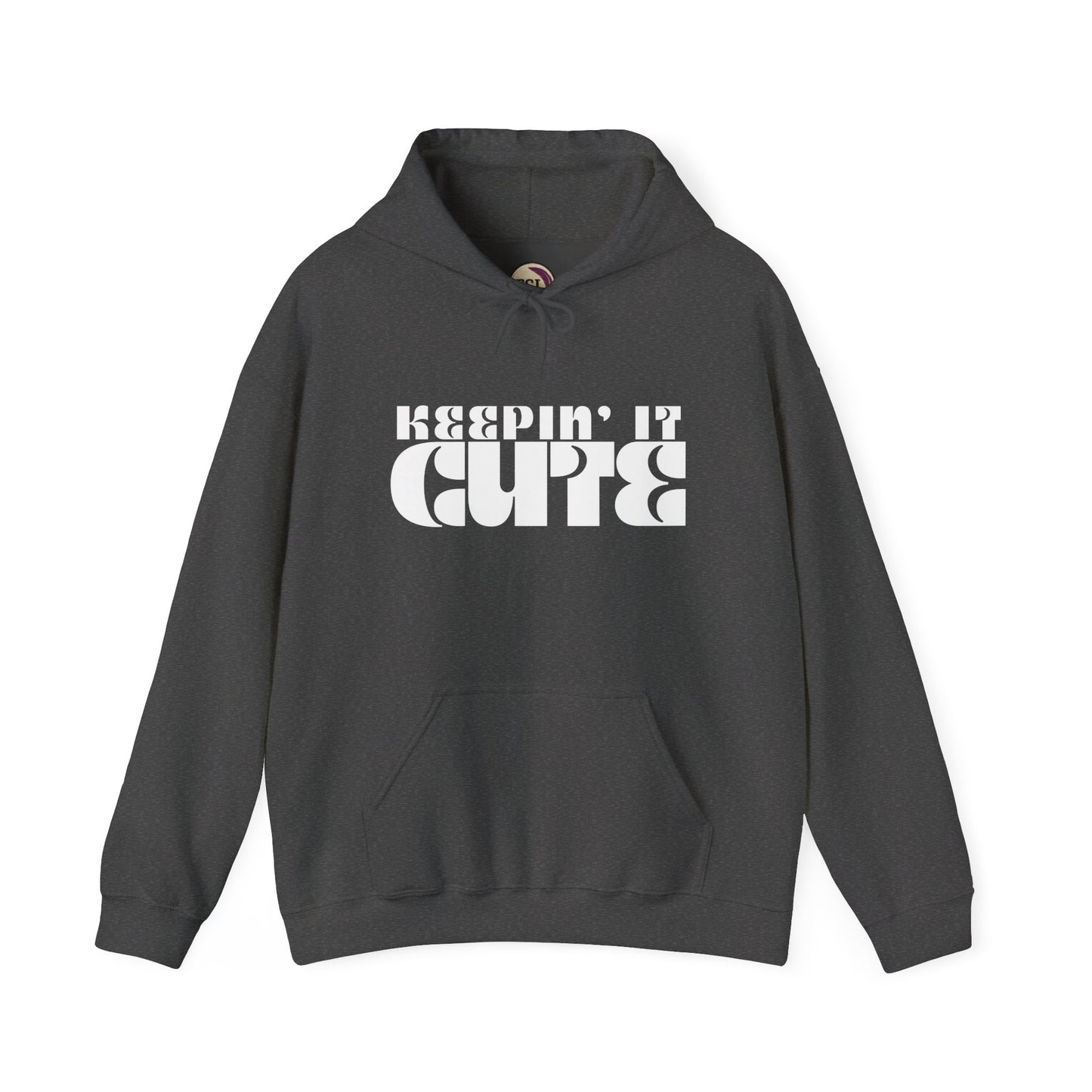 Gray hoodie with 'KEEPIN' IT CUTE' text on a white background