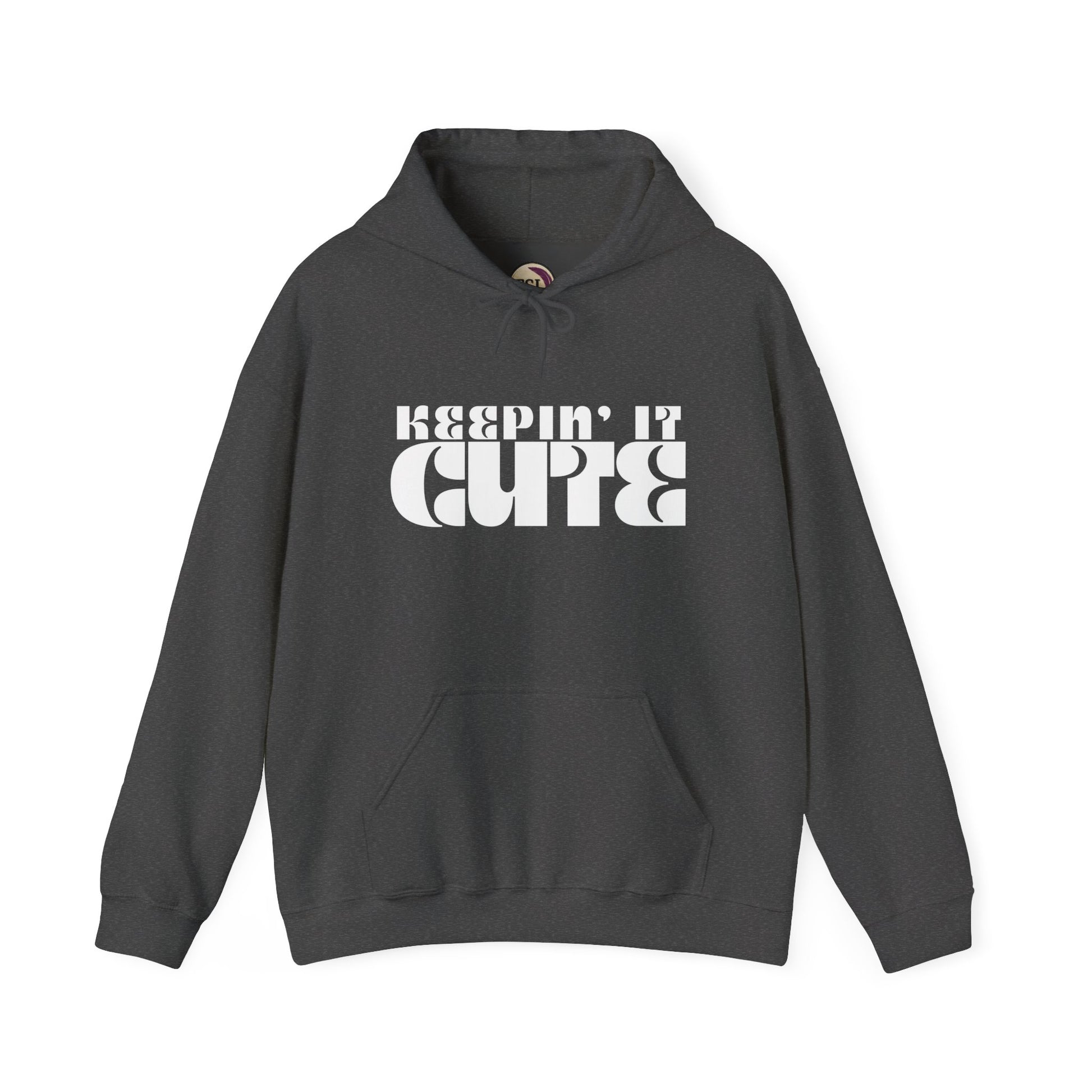 Gray hoodie with 'KEEPIN' IT CUTE' text on a white background