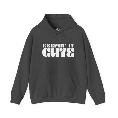 Gray hoodie with 'KEEPIN' IT CUTE' text on a white background