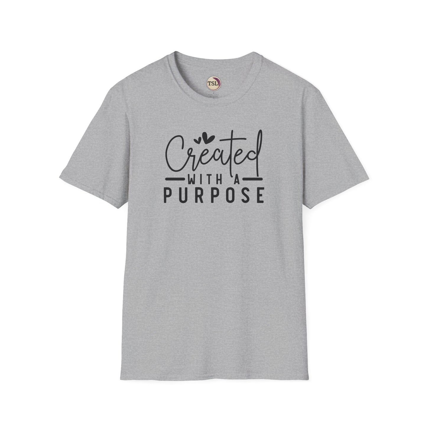 Gray t-shirt with 'Created with a Purpose' text on a white background