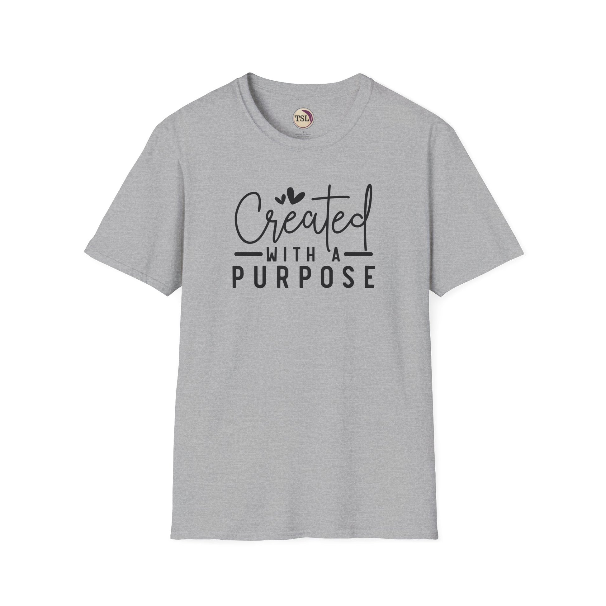 Gray t-shirt with 'Created with a Purpose' text on a white background