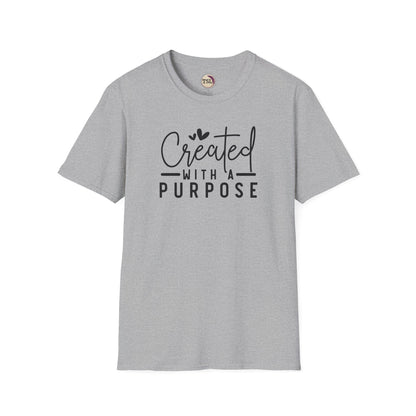 Gray t-shirt with 'Created with a Purpose' text on a white background