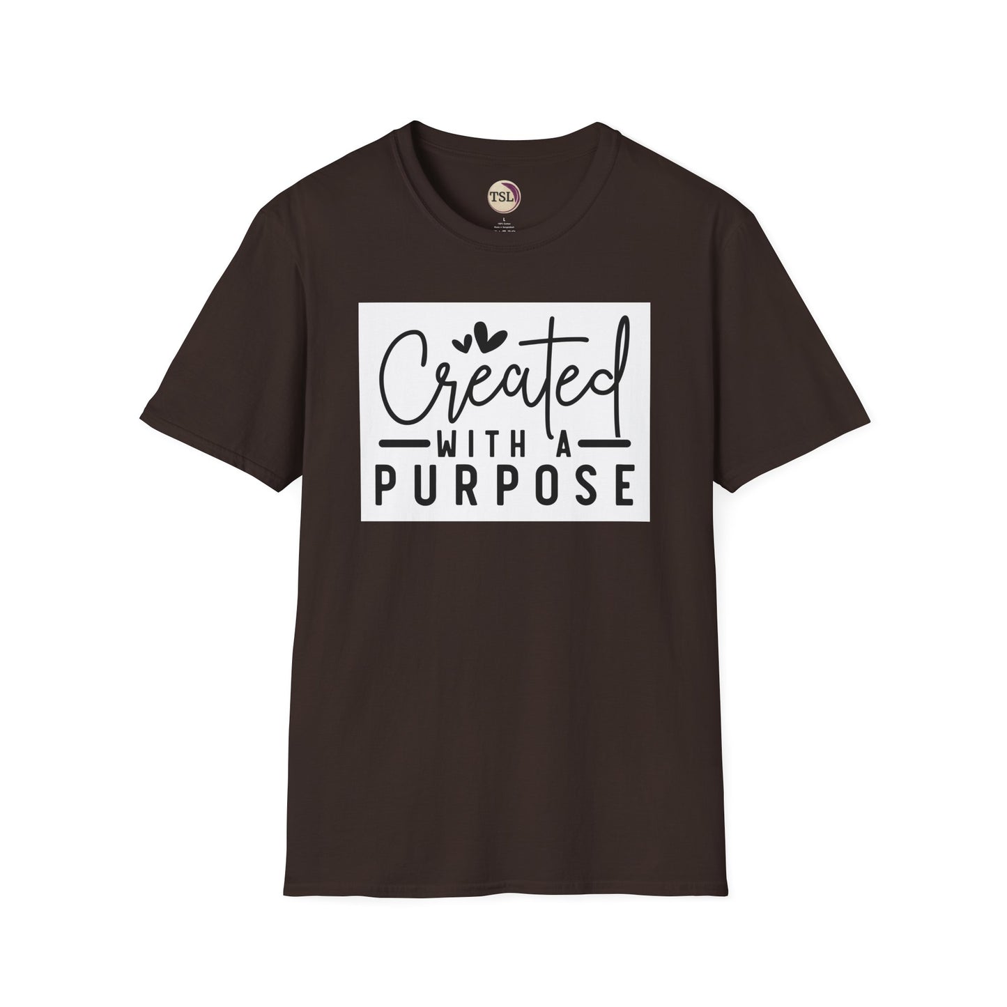 Brown t-shirt with 'Created with a Purpose' text on a white background