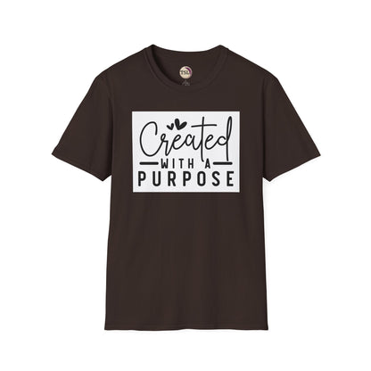 Brown t-shirt with 'Created with a Purpose' text on a white background