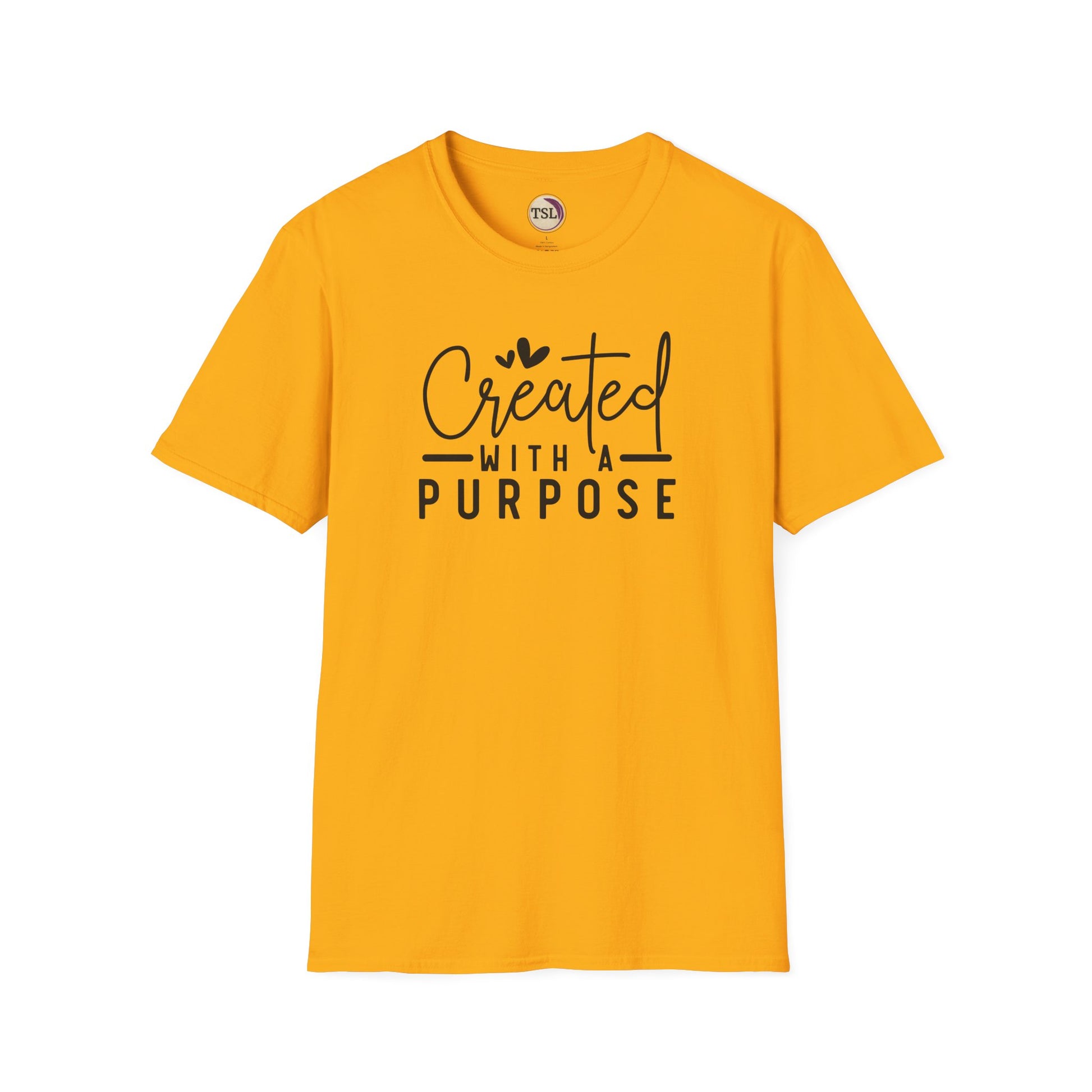 Yellow t-shirt with 'Created with a Purpose' text on a white background