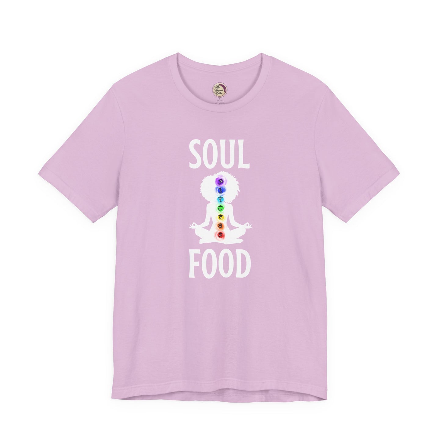 Purple t-shirt with 'Soul Food' and chakra design on a white background