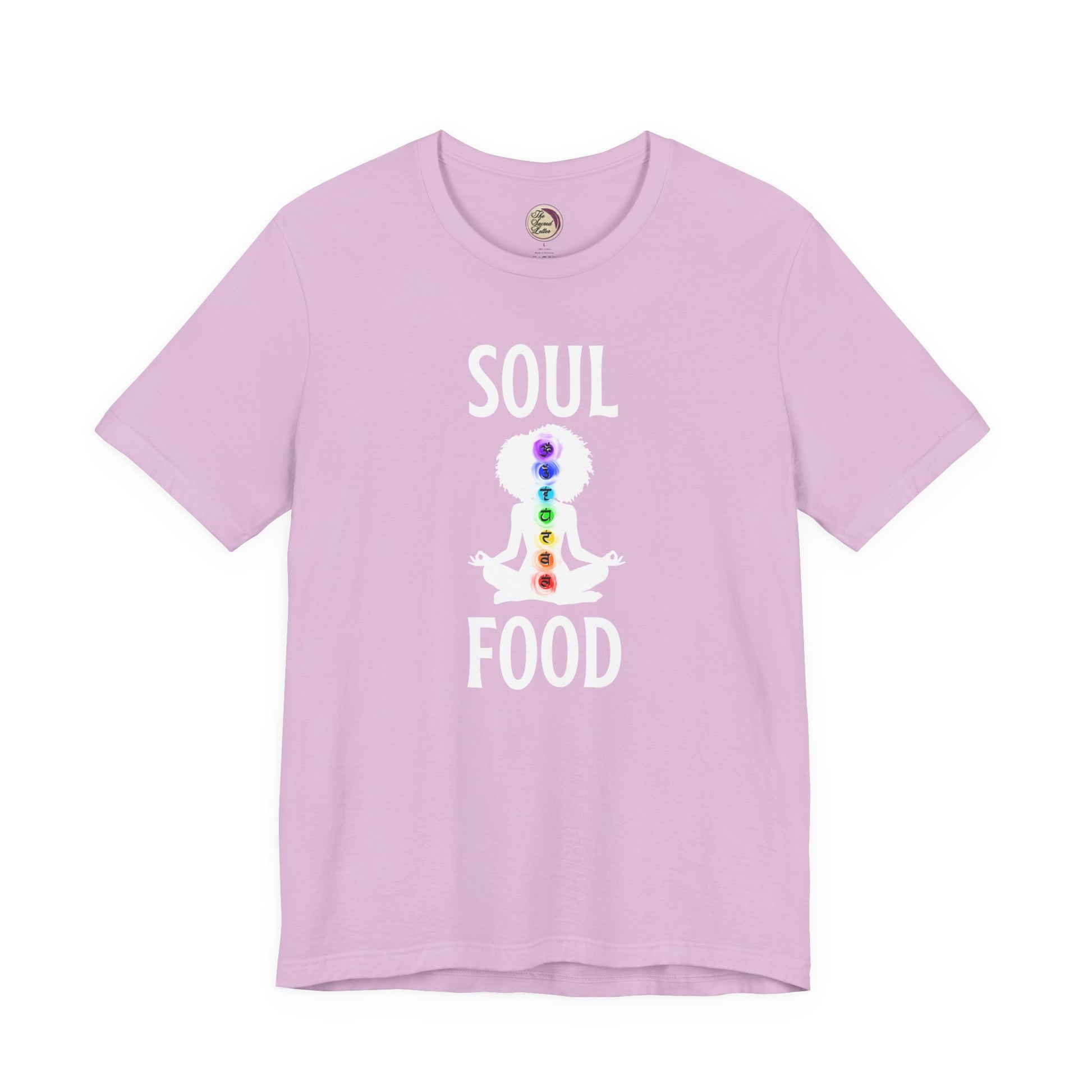 Purple t-shirt with 'Soul Food' and chakra design on a white background