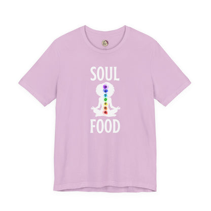 Purple t-shirt with 'Soul Food' and chakra design on a white background