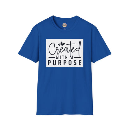 Blue t-shirt with 'Created with a Purpose' text on a white background