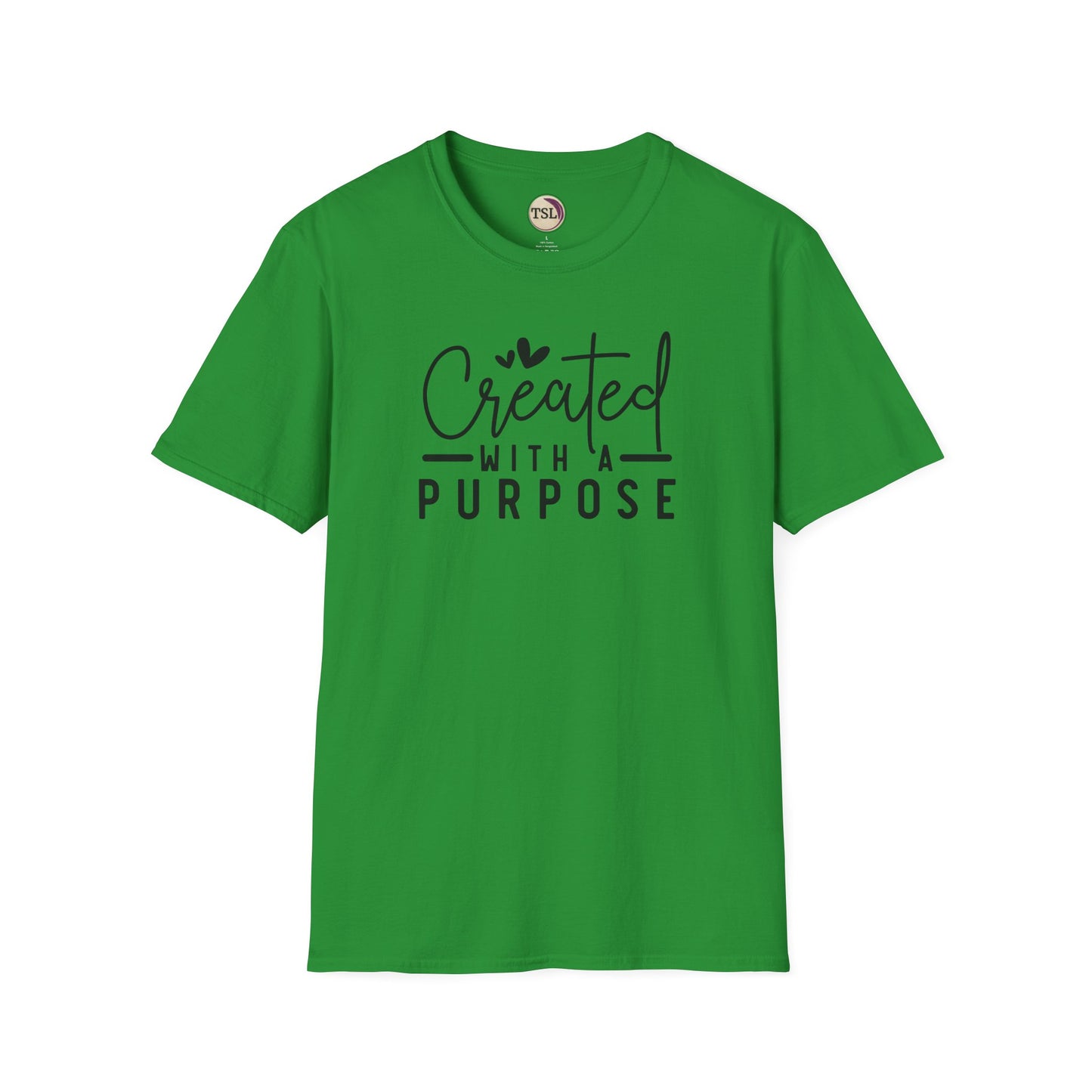 Green t-shirt with 'Created with a Purpose' text on a white background