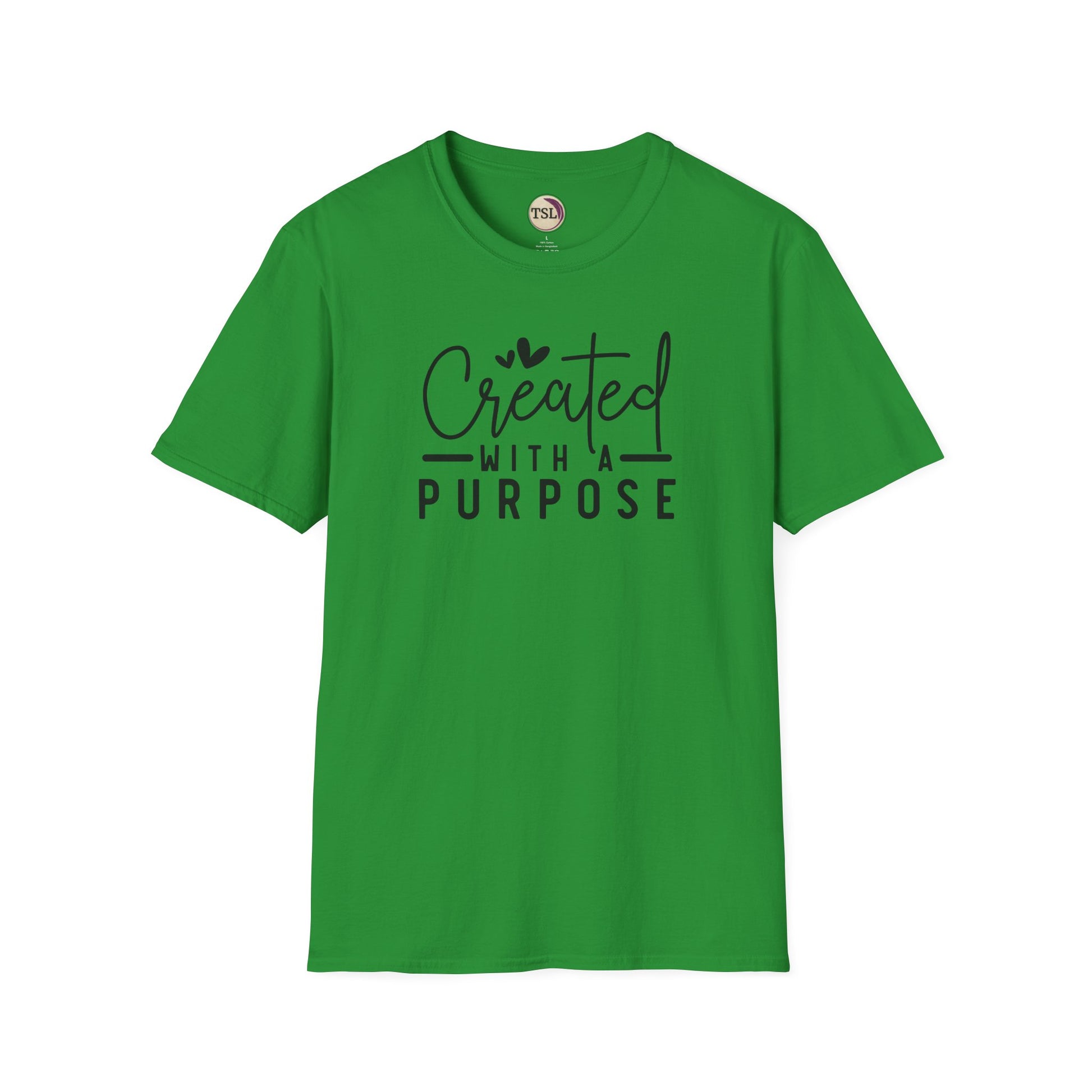 Green t-shirt with 'Created with a Purpose' text on a white background
