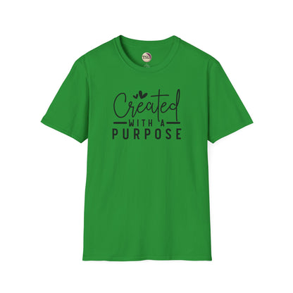 Green t-shirt with 'Created with a Purpose' text on a white background