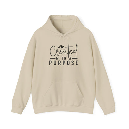Beige hoodie with 'Created with a Purpose' text on a white background