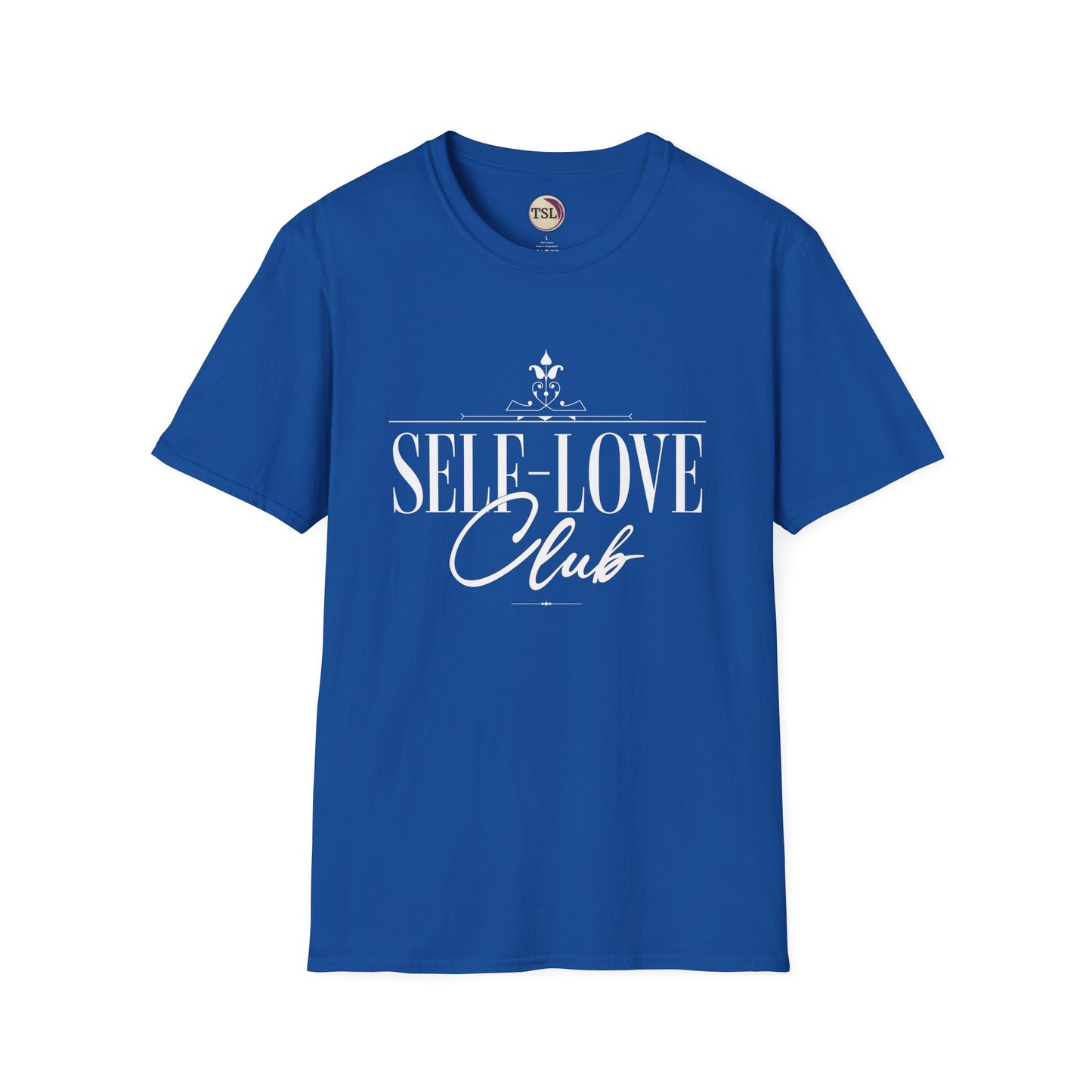 Royal Blue t-shirt with 'SELF-LOVE Club' text on a white background