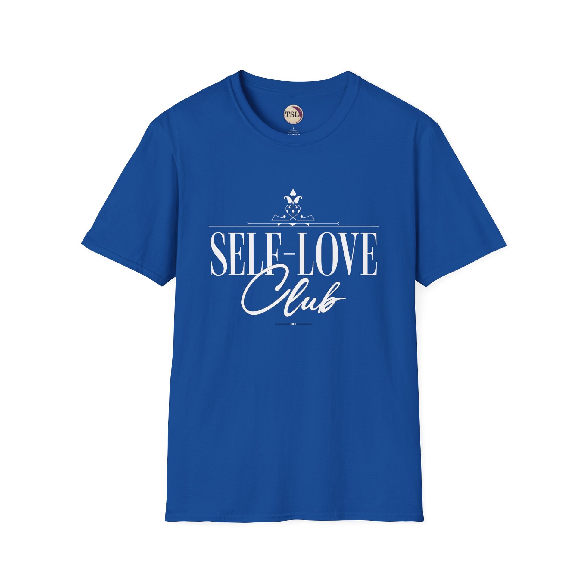 Royal Blue t-shirt with 'SELF-LOVE Club' text on a white background