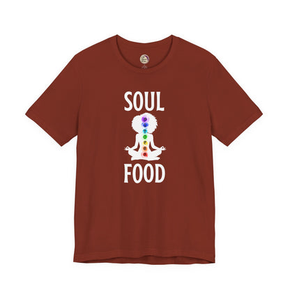 Rust t-shirt with 'Soul Food' design featuring a person in a meditative pose with chakra colors on a white background.
