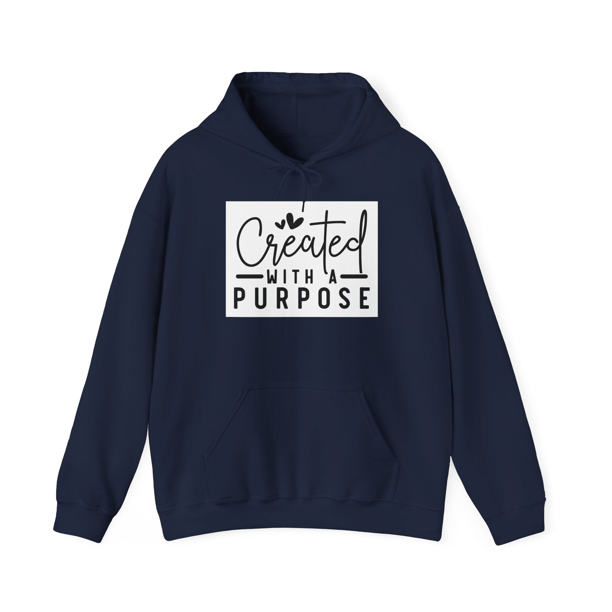 Navy blue hoodie with 'Created with a Purpose' text on a white background