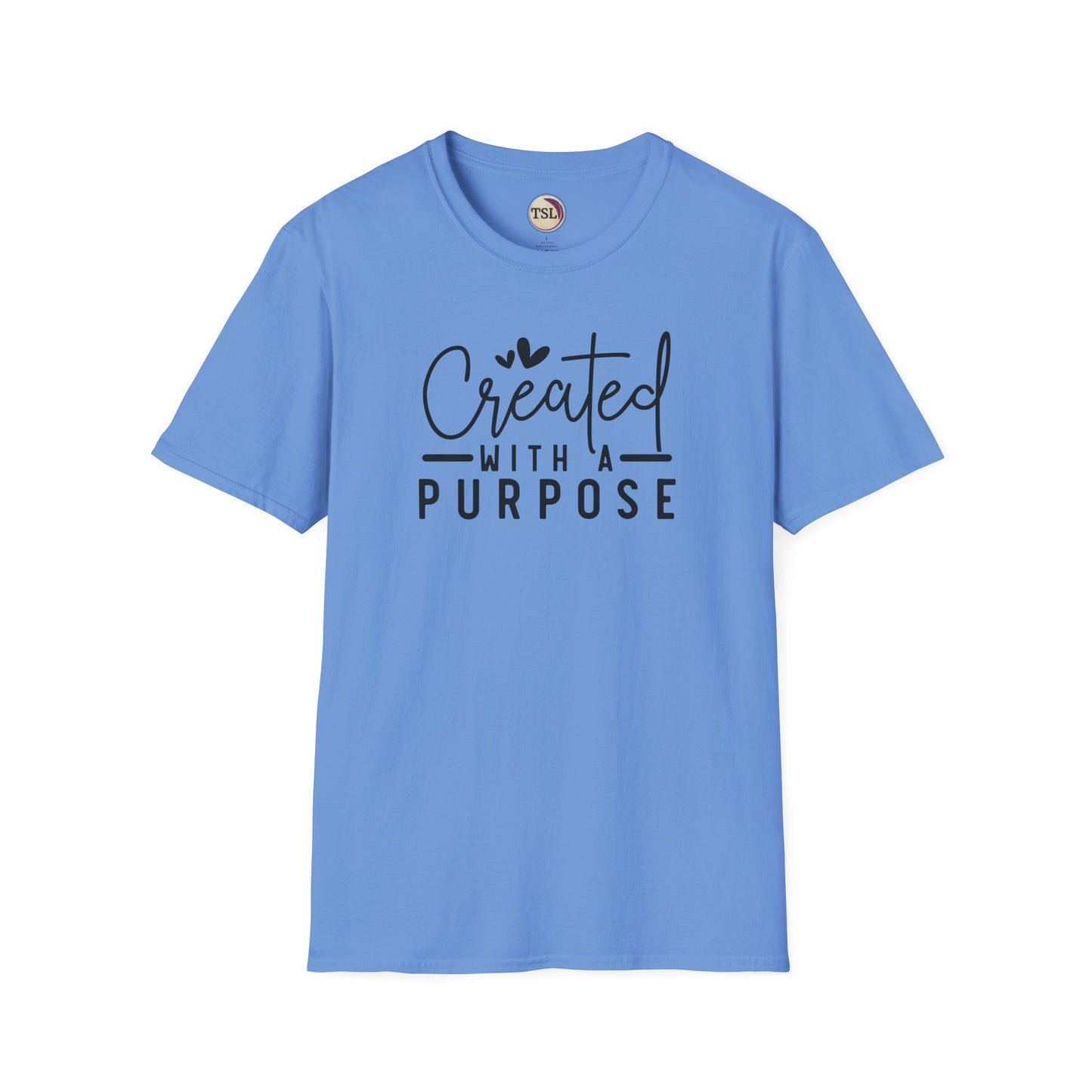 Blue t-shirt with 'Created with a Purpose' text on a white background